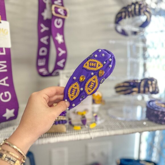 LSU College Football Crystal Seed Beaded Fabric Headband - Picture 3 of 5
